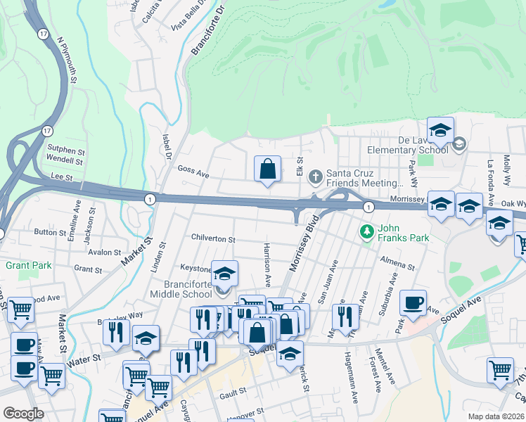 map of restaurants, bars, coffee shops, grocery stores, and more near 105B Rooney Street in Santa Cruz