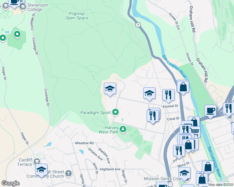 map of restaurants, bars, coffee shops, grocery stores, and more near 400 Encinal Street in Santa Cruz