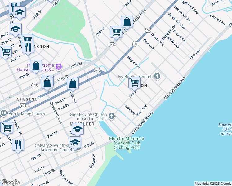 map of restaurants, bars, coffee shops, grocery stores, and more near 134 Cedar Avenue in Newport News