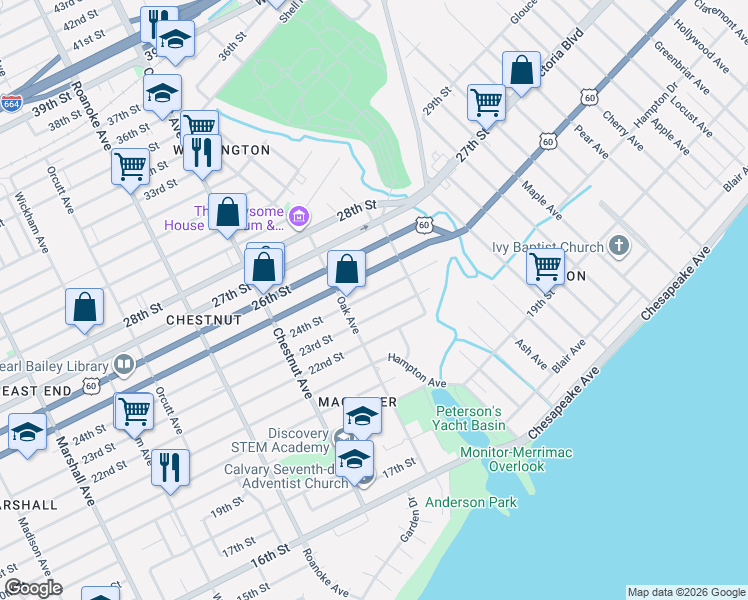 map of restaurants, bars, coffee shops, grocery stores, and more near 1322 25th Street in Newport News