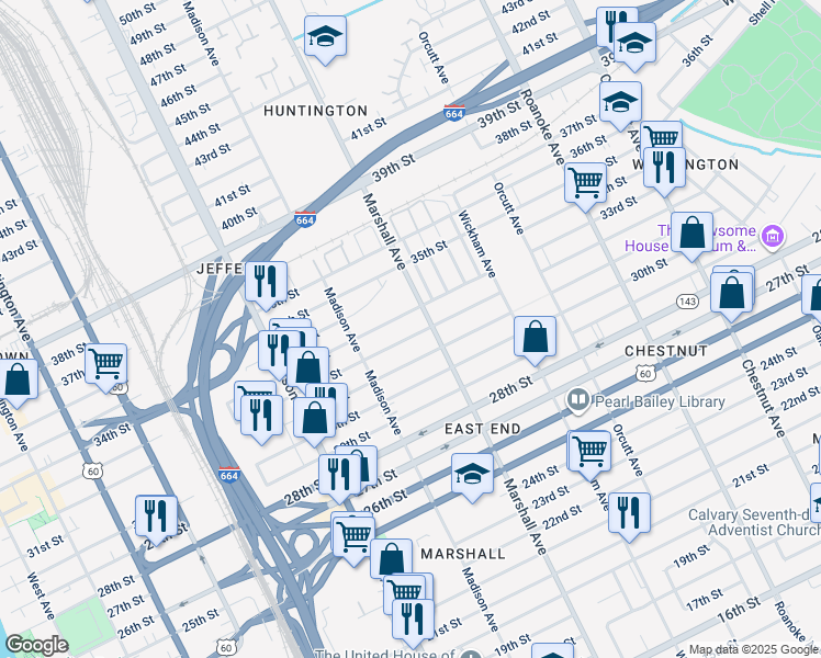 map of restaurants, bars, coffee shops, grocery stores, and more near 3215 Marshall Avenue in Newport News