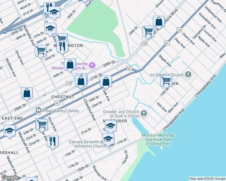 map of restaurants, bars, coffee shops, grocery stores, and more near 1324 24th Street in Newport News