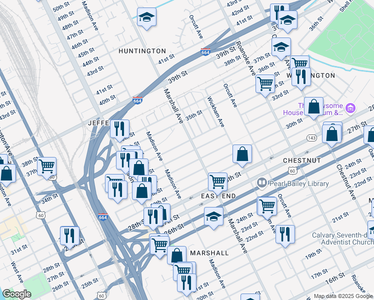 map of restaurants, bars, coffee shops, grocery stores, and more near 3215 Marshall Avenue in Newport News