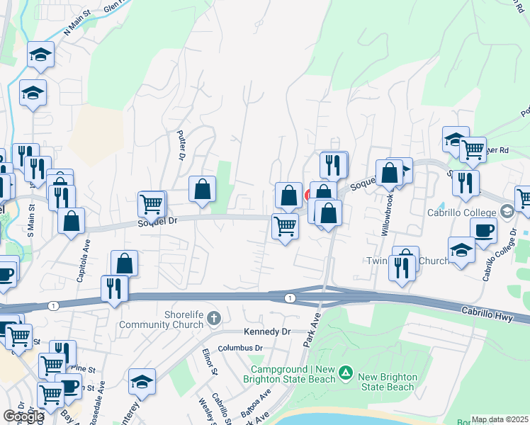 map of restaurants, bars, coffee shops, grocery stores, and more near 115 Peoples Lane in Soquel