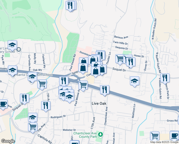 map of restaurants, bars, coffee shops, grocery stores, and more near 2850 Commercial Crossing in Santa Cruz