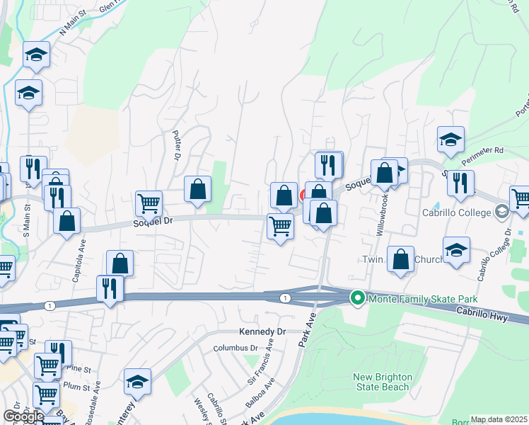 map of restaurants, bars, coffee shops, grocery stores, and more near 103 Darlington Lane in Soquel