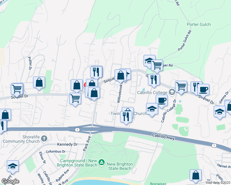 map of restaurants, bars, coffee shops, grocery stores, and more near 6172 Sheraton Place in Aptos