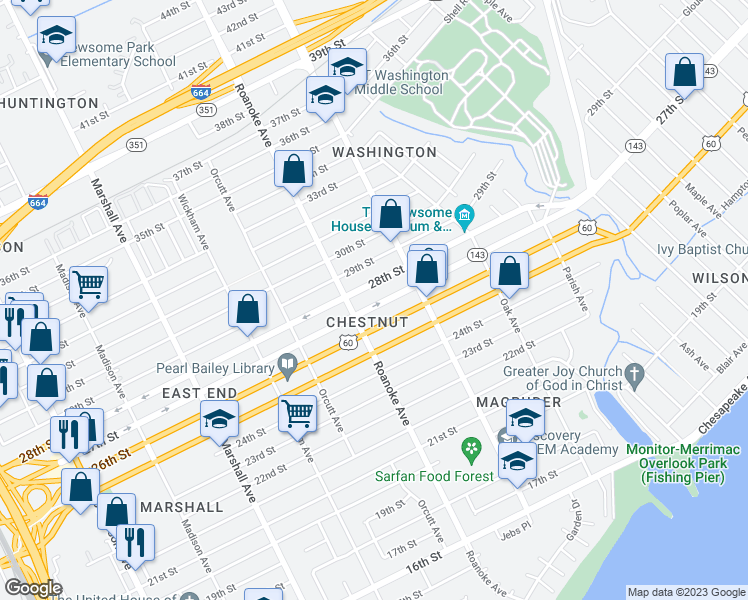 map of restaurants, bars, coffee shops, grocery stores, and more near 1123 27th Street in Newport News