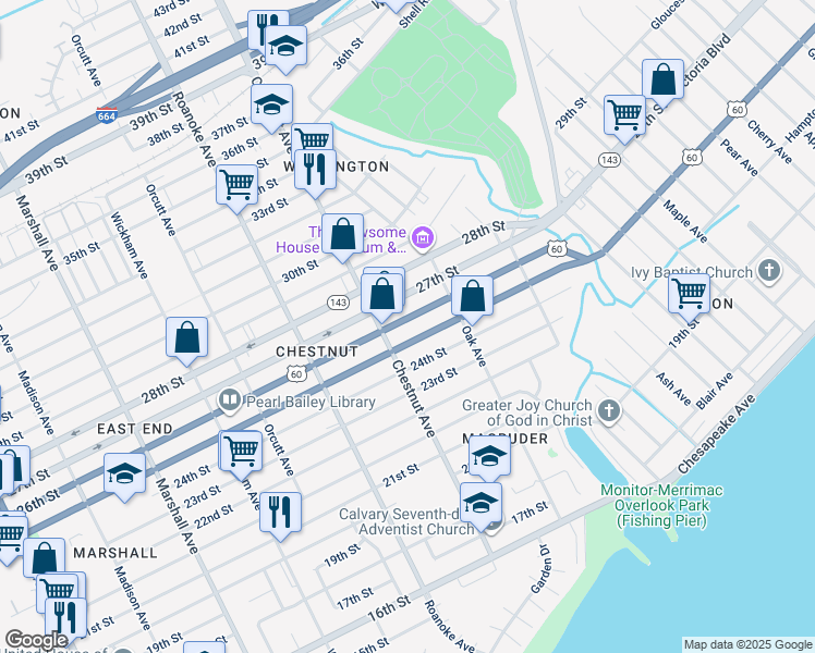 map of restaurants, bars, coffee shops, grocery stores, and more near 1220 26th Street in Newport News