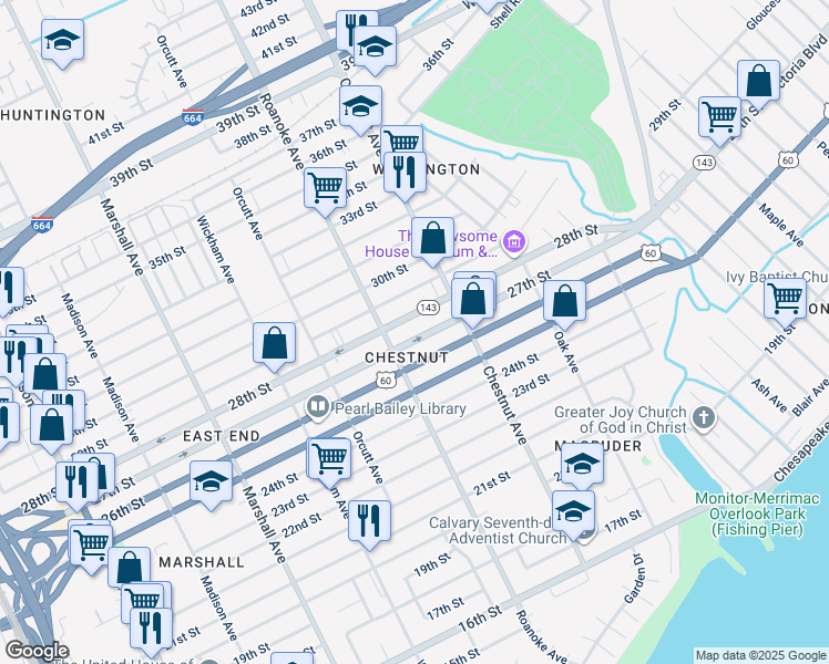 map of restaurants, bars, coffee shops, grocery stores, and more near 1123 27th Street in Newport News