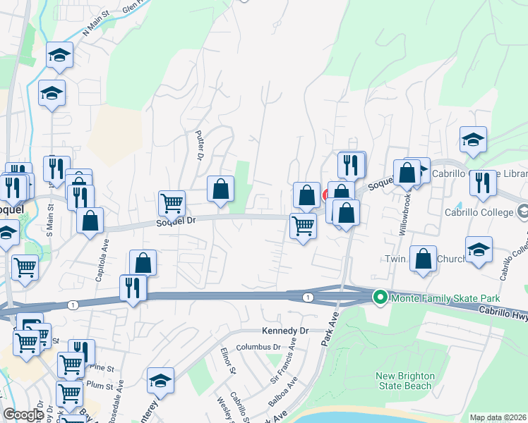 map of restaurants, bars, coffee shops, grocery stores, and more near 3000 Baronian Court in Soquel