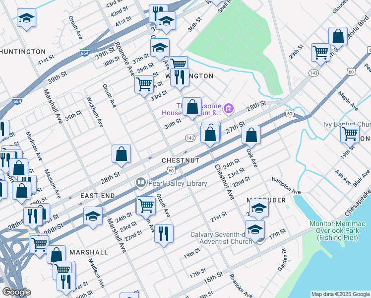 map of restaurants, bars, coffee shops, grocery stores, and more near 1138 28th Street in Newport News