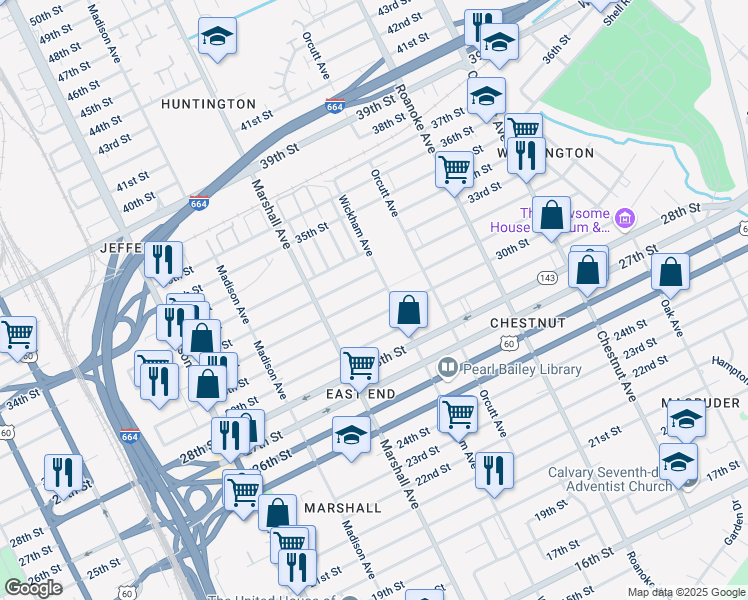 map of restaurants, bars, coffee shops, grocery stores, and more near 857 31st Street in Newport News