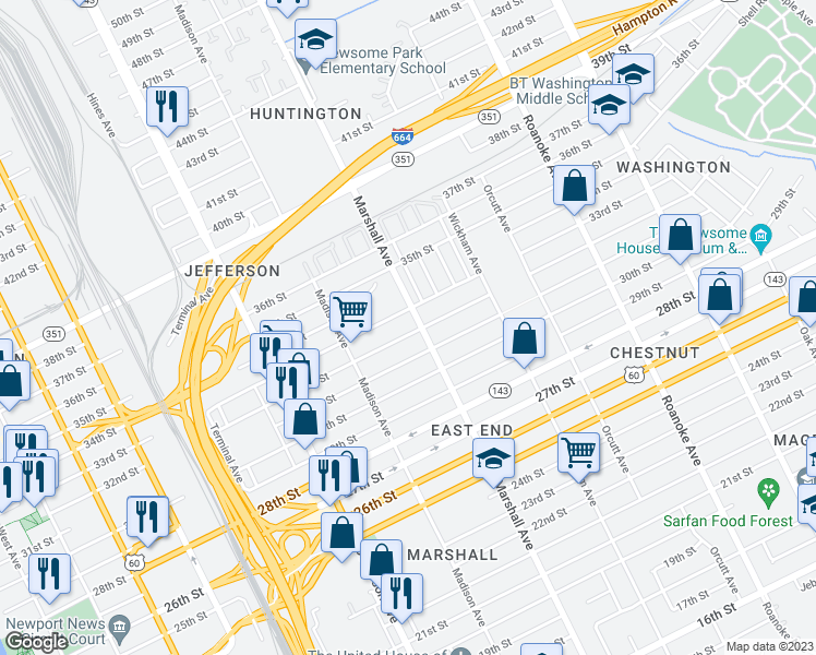 map of restaurants, bars, coffee shops, grocery stores, and more near 3215 Marshall Avenue in Newport News