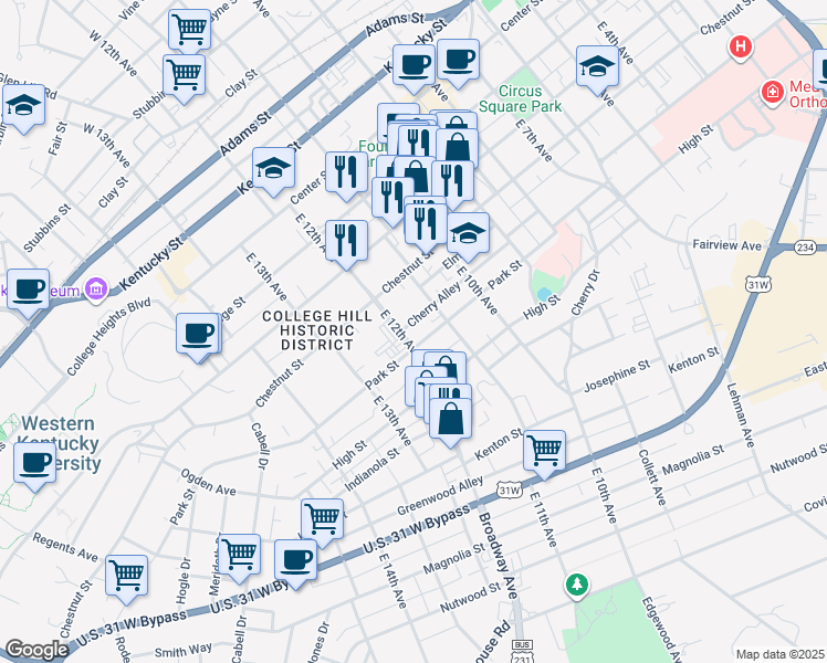 map of restaurants, bars, coffee shops, grocery stores, and more near 1121 Cherry Alley in Bowling Green