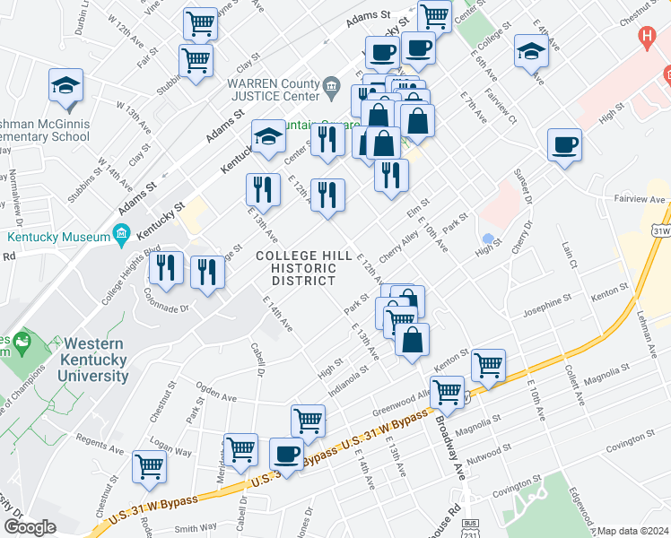 map of restaurants, bars, coffee shops, grocery stores, and more near 1241 Chestnut Street in Bowling Green