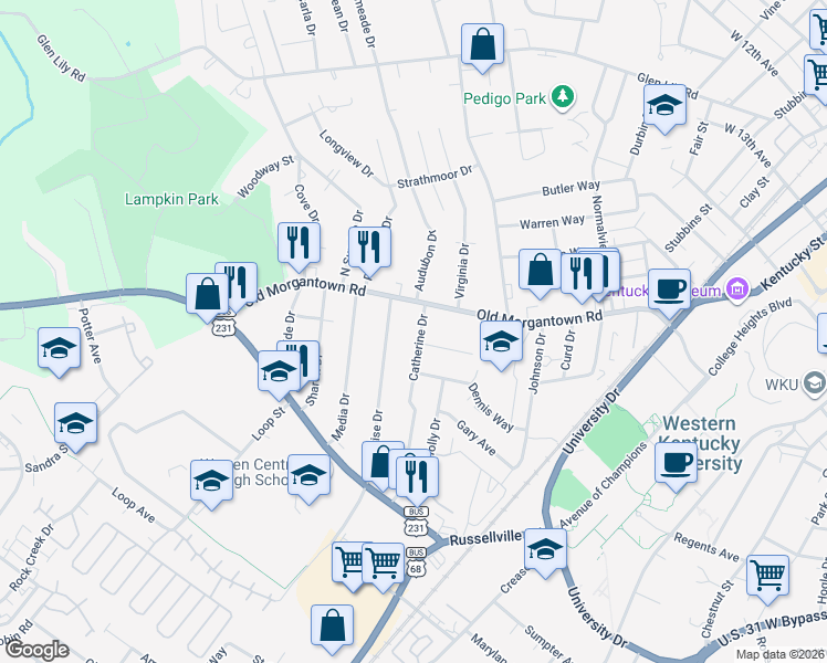 map of restaurants, bars, coffee shops, grocery stores, and more near 1604 South Sunrise Drive in Bowling Green