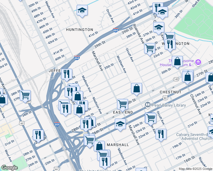 map of restaurants, bars, coffee shops, grocery stores, and more near 3215 Marshall Avenue in Newport News