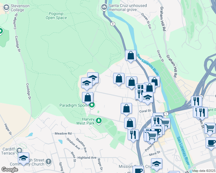 map of restaurants, bars, coffee shops, grocery stores, and more near 370 Encinal Street in Santa Cruz