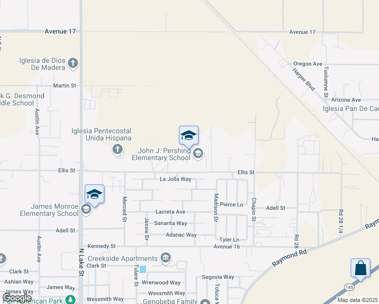 map of restaurants, bars, coffee shops, grocery stores, and more near 1505 Ellis Street in Madera