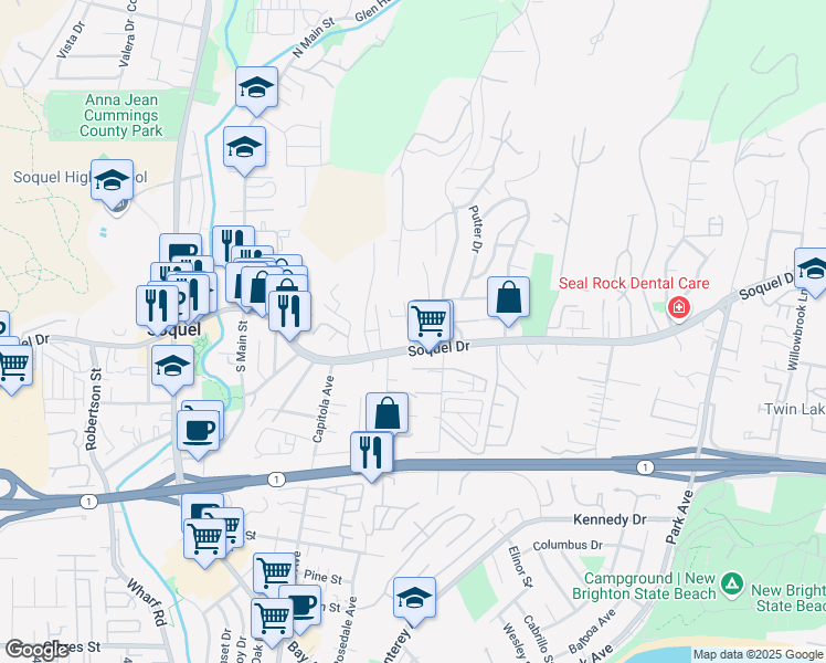map of restaurants, bars, coffee shops, grocery stores, and more near 3030 Browns Lane in Soquel