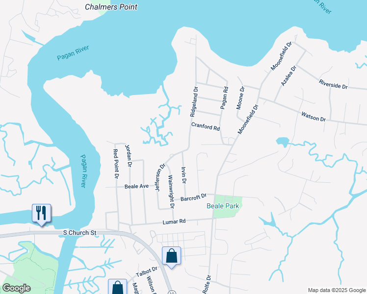 map of restaurants, bars, coffee shops, grocery stores, and more near 409 Jefferson Drive in Smithfield