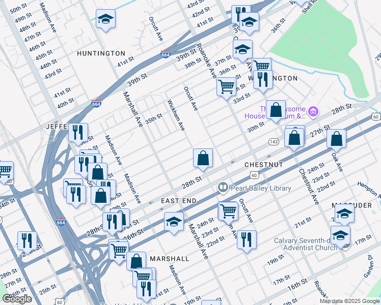 map of restaurants, bars, coffee shops, grocery stores, and more near 3011 Wickham Avenue in Newport News