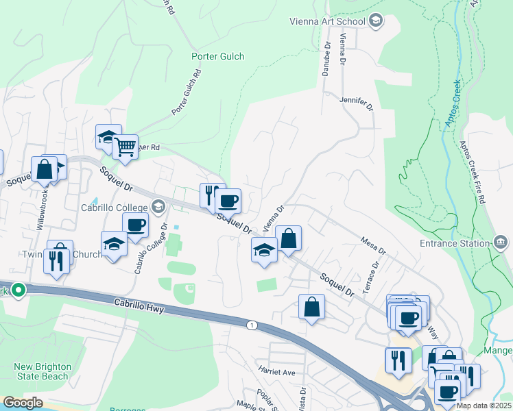 map of restaurants, bars, coffee shops, grocery stores, and more near 196 Mar Sereno Court in Aptos