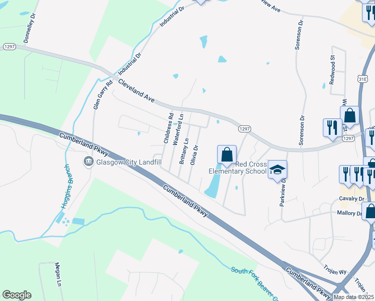 map of restaurants, bars, coffee shops, grocery stores, and more near 114 Brittany Lane in Glasgow