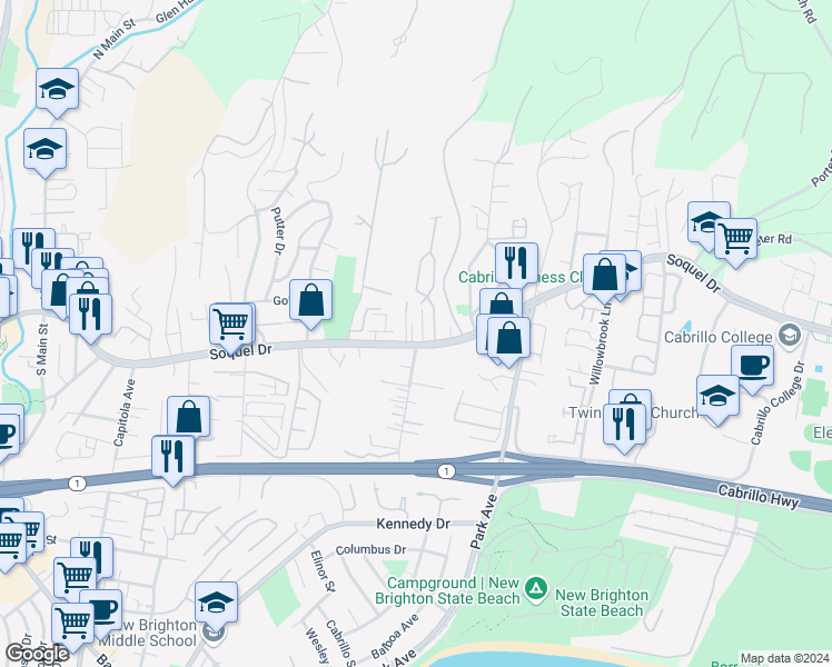map of restaurants, bars, coffee shops, grocery stores, and more near 103 Darlington Lane in Soquel
