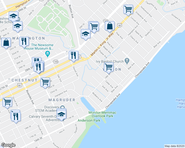map of restaurants, bars, coffee shops, grocery stores, and more near 146 Ash Avenue in Newport News