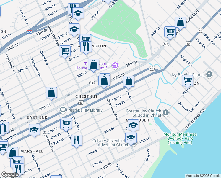 map of restaurants, bars, coffee shops, grocery stores, and more near 1220 26th Street in Newport News