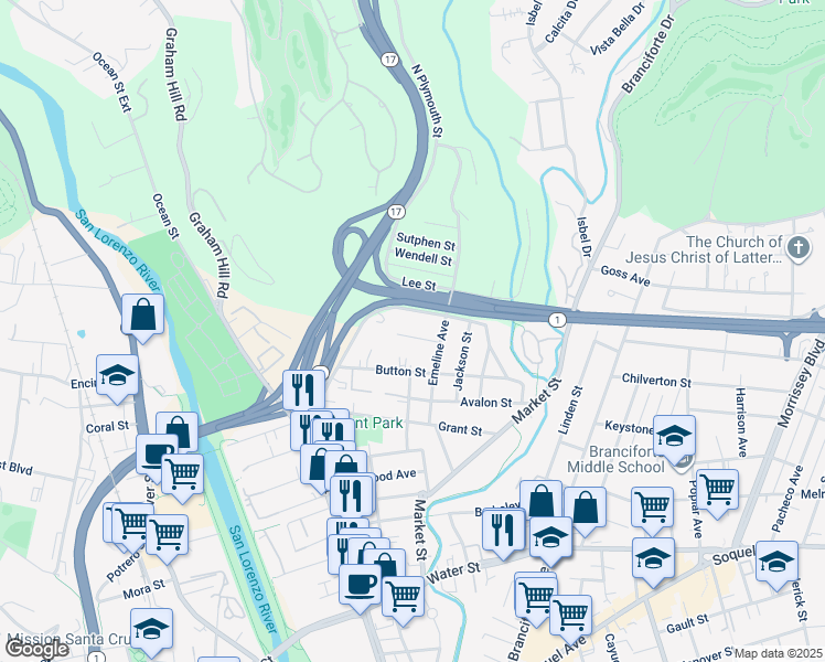 map of restaurants, bars, coffee shops, grocery stores, and more near 147 Belmont Street in Santa Cruz
