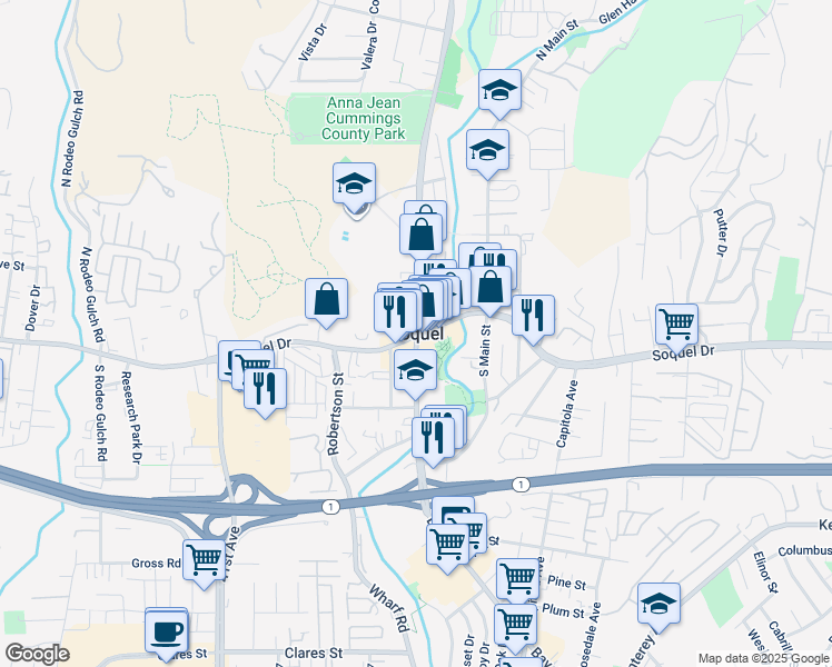 map of restaurants, bars, coffee shops, grocery stores, and more near in Soquel
