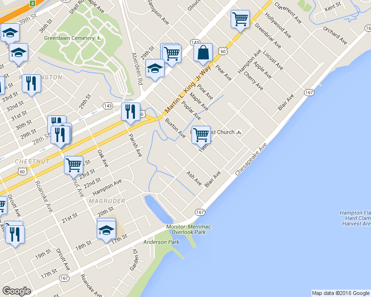 map of restaurants, bars, coffee shops, grocery stores, and more near 134 Cedar Avenue in Newport News