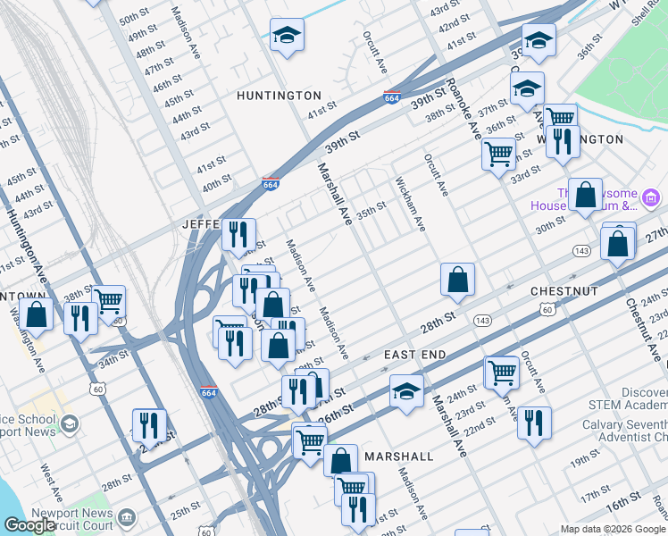 map of restaurants, bars, coffee shops, grocery stores, and more near 735 33rd Street in Newport News