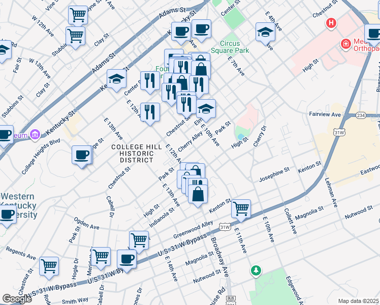 map of restaurants, bars, coffee shops, grocery stores, and more near 1121 Cherry Alley in Bowling Green