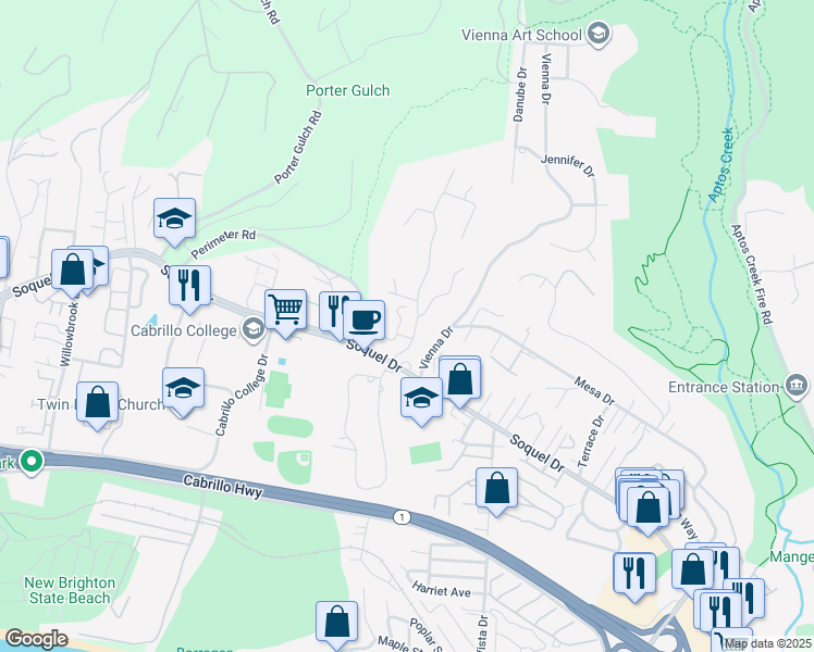 map of restaurants, bars, coffee shops, grocery stores, and more near 196 Mar Sereno Court in Aptos