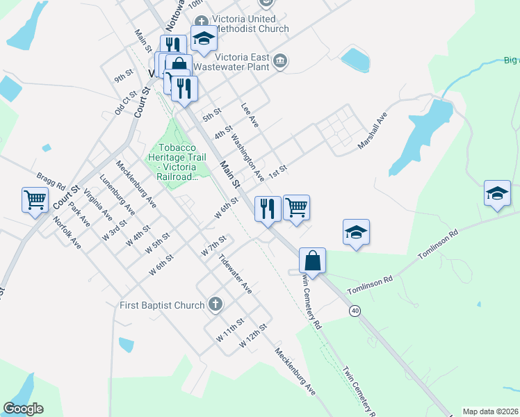 map of restaurants, bars, coffee shops, grocery stores, and more near 1105 Main Street in Victoria