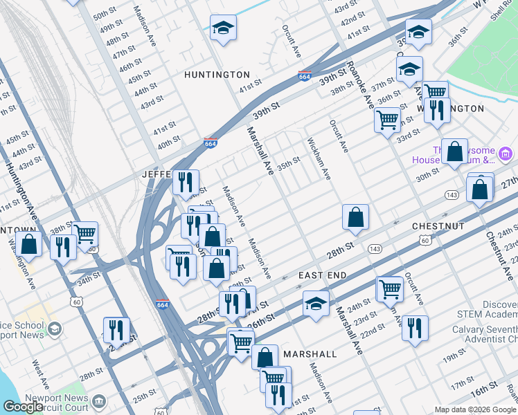 map of restaurants, bars, coffee shops, grocery stores, and more near 735 33rd Street in Newport News