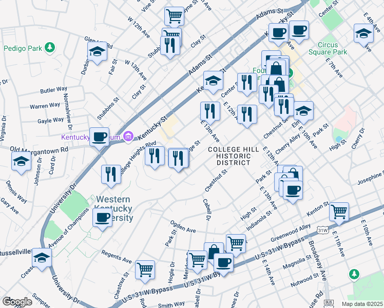 map of restaurants, bars, coffee shops, grocery stores, and more near 1362 College Street in Bowling Green