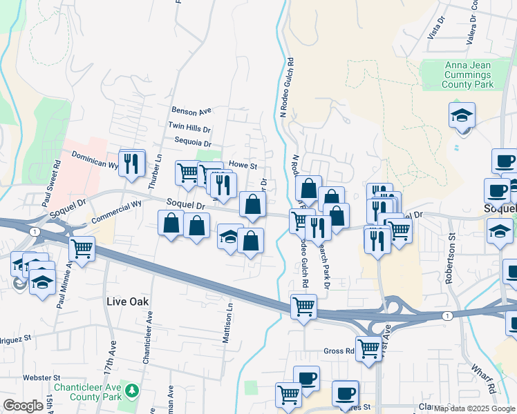map of restaurants, bars, coffee shops, grocery stores, and more near 3005 Lucca Lane in Santa Cruz
