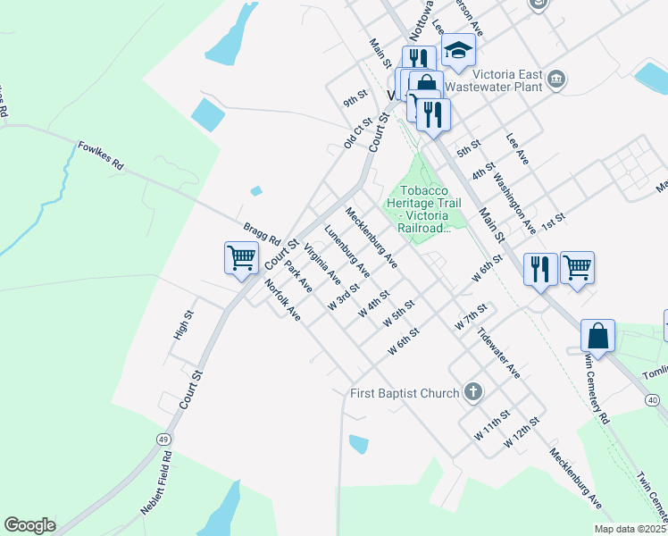 map of restaurants, bars, coffee shops, grocery stores, and more near 1608 Virginia Avenue in Victoria