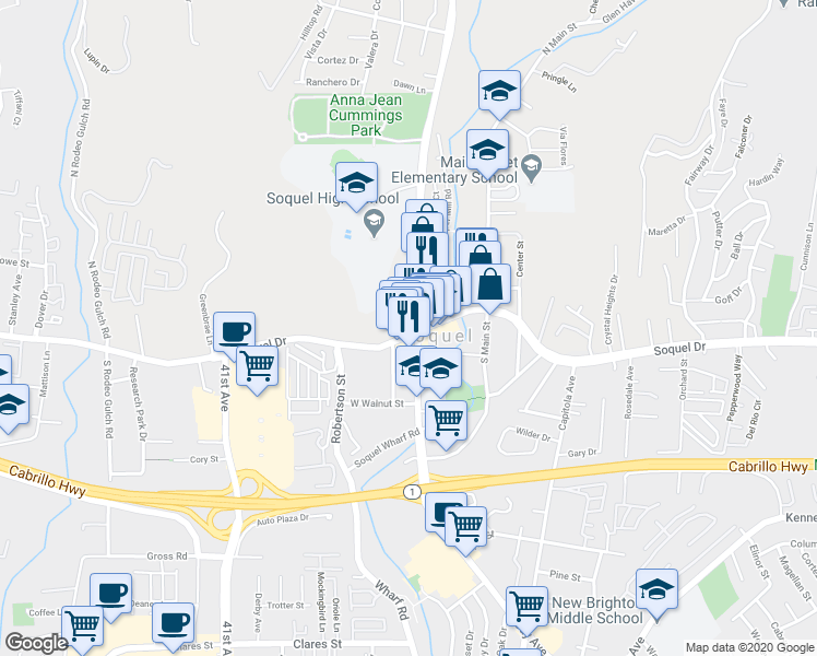 map of restaurants, bars, coffee shops, grocery stores, and more near in Soquel