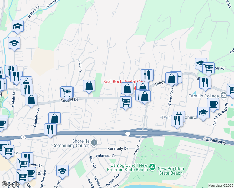 map of restaurants, bars, coffee shops, grocery stores, and more near 107 Peoples Lane in Soquel