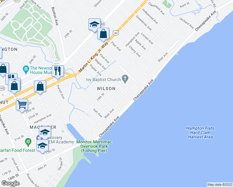 map of restaurants, bars, coffee shops, grocery stores, and more near 49 Poplar Avenue in Newport News