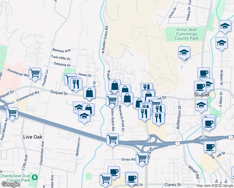 map of restaurants, bars, coffee shops, grocery stores, and more near 48 North Rodeo Gulch Road in Soquel