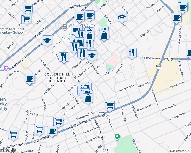 map of restaurants, bars, coffee shops, grocery stores, and more near 725 East 10th Avenue in Bowling Green