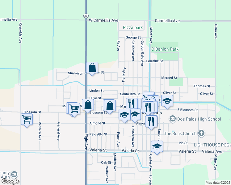 map of restaurants, bars, coffee shops, grocery stores, and more near 2309 Linden Street in Dos Palos