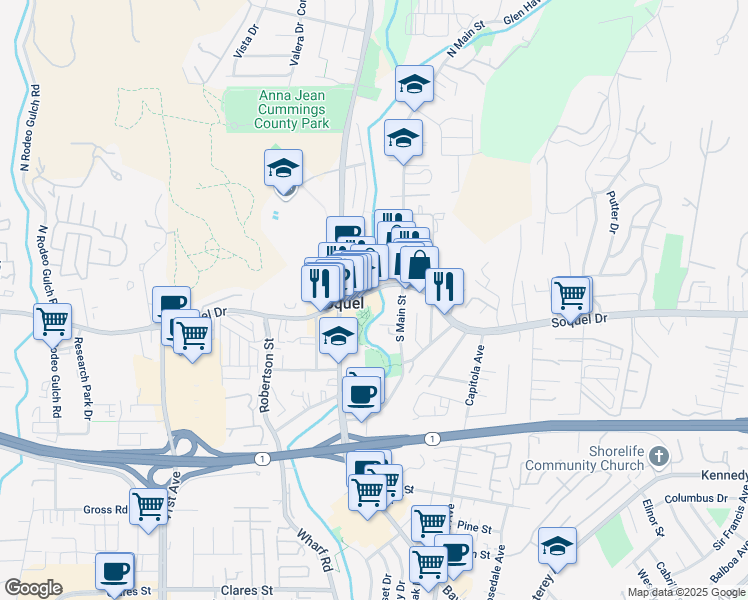 map of restaurants, bars, coffee shops, grocery stores, and more near in Soquel